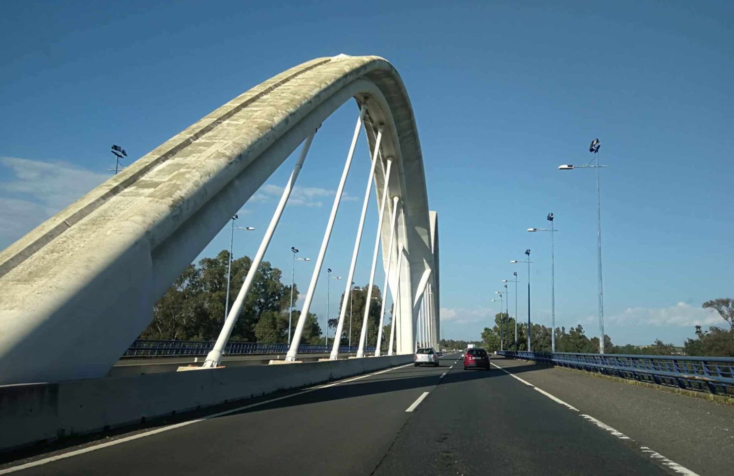 El puente sobre el río Odiel se ubica en la A-49 Autovía del Quinto Centenario, tramo San Juan del Puerto-Enlace Aljaraque.

Está formado por dos arcos atirantados de hormigón armado de 76 metros de luz. El tablero inferior, de 29 metros de anchura, está supendido mediante 12 tirantes dispuestos en el eje del mismo.